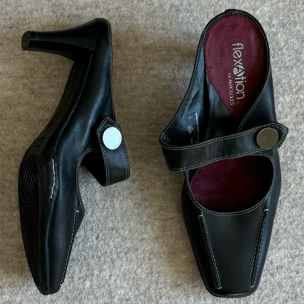 Black leather square toe heels with strap